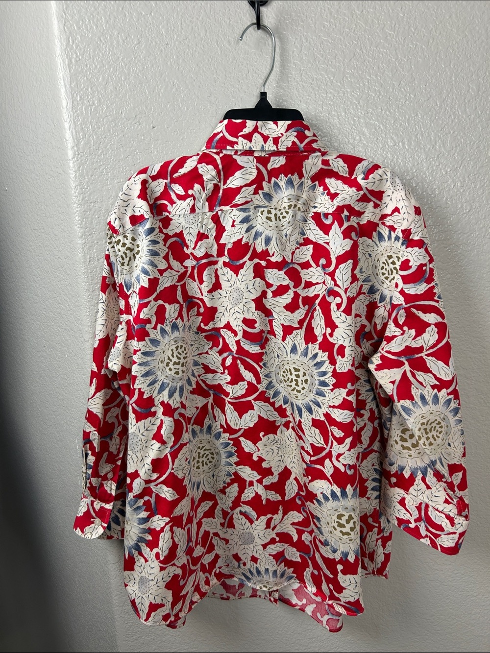 Chaps Red Floral Print Button-Down Shirt Cream Blue Accents Sz 1X Office TC0300 - Picture 8 of 8